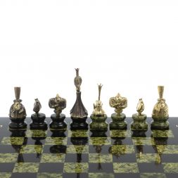 Шахматы "Русский стиль" фигуры бронза, змеевик