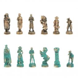 Шахматы "Рыцари" фигуры бронза / патина 28х28 см из змеевика