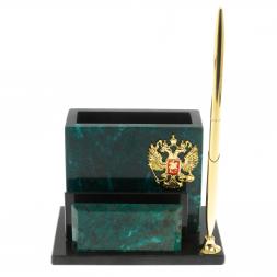 Карандашница с визитницей из темно-зеленого змеевика