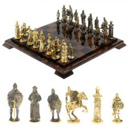 Шахматы "Богатыри" фигуры бронза доска 40х40 см из обсидиана