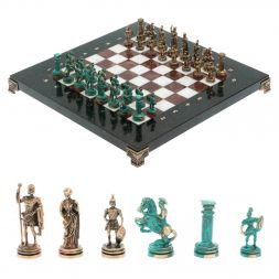 Шахматы "Римские воины" фигуры бронза / патина 28х28 см из мрамора и лемезита